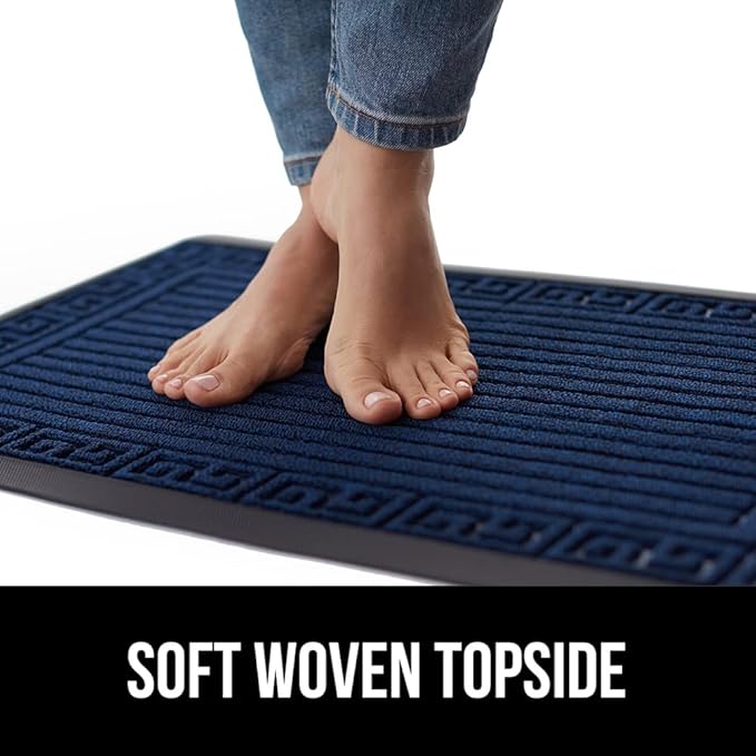 GORILLA GRIP 100% Waterproof All-Season WeatherMax Doormat 35x23, US Designed Natural Rubber, Stain and Fade Resistant, Low Profile Indoor Outdoor Door Mats, Easy Clean Patio Mat, Navy Greek Keys