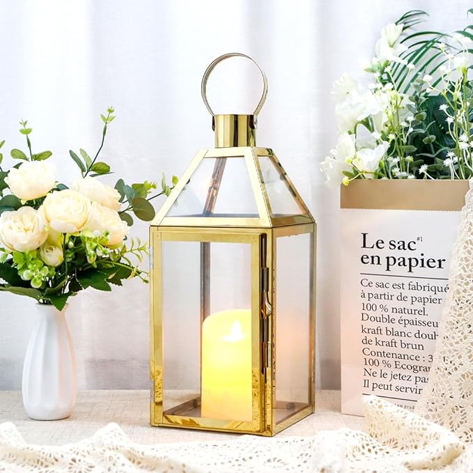JHY Design Gold Decorative Lanterns 16" H Stainless Steel Candle Lanterns with Tempered Glass for Indoor Outdoor Events Parities and Weddings