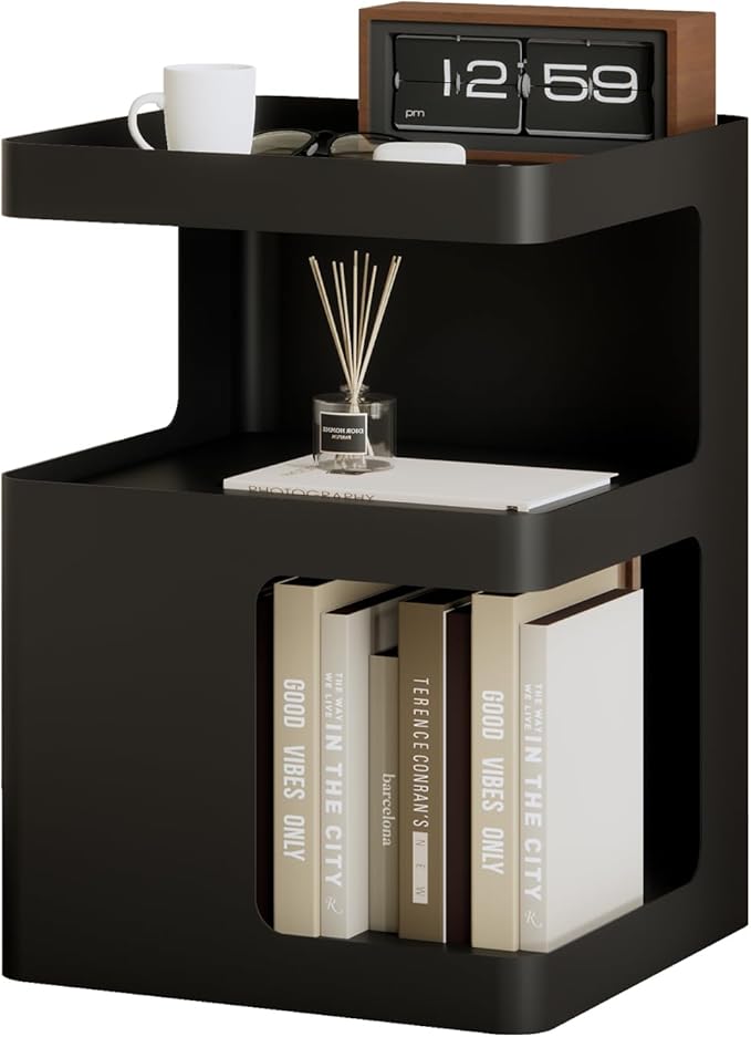 Modern Side Table,Small end Tables for Small Spaces,Black Metal nightstand,Bedside Tables,Accent Table with Storage for Couch, Bedroom,Living Room.No Assembly Required