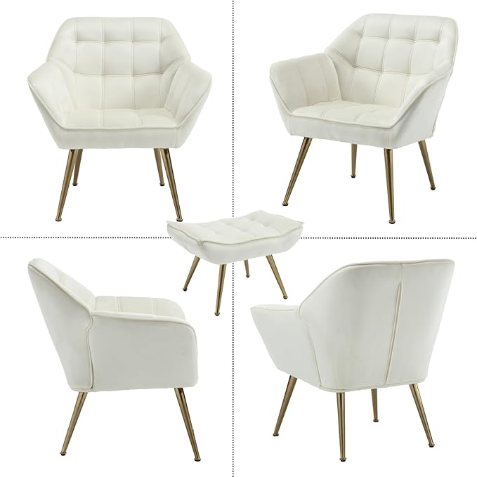 Modern Velvet Accent Chair with Ottoman Set of 2, Upholstered Lounge Chair with Footrest, Comfy Living Room Chair with Gold Legs Accent Side Chair Armchair for Small Space Bedroom, Beige
