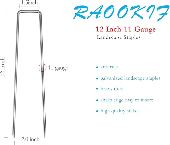 RAOOKIF 12 Inch Galvanized Garden Landscape Staples, 20/50/100/200Pcs Garden Metal Stakes, 11 Gauge Heavy Duty Ground Stakes for Decoration, Fence and Lawn Use, Fabric Pins (50, 12 Inch)
