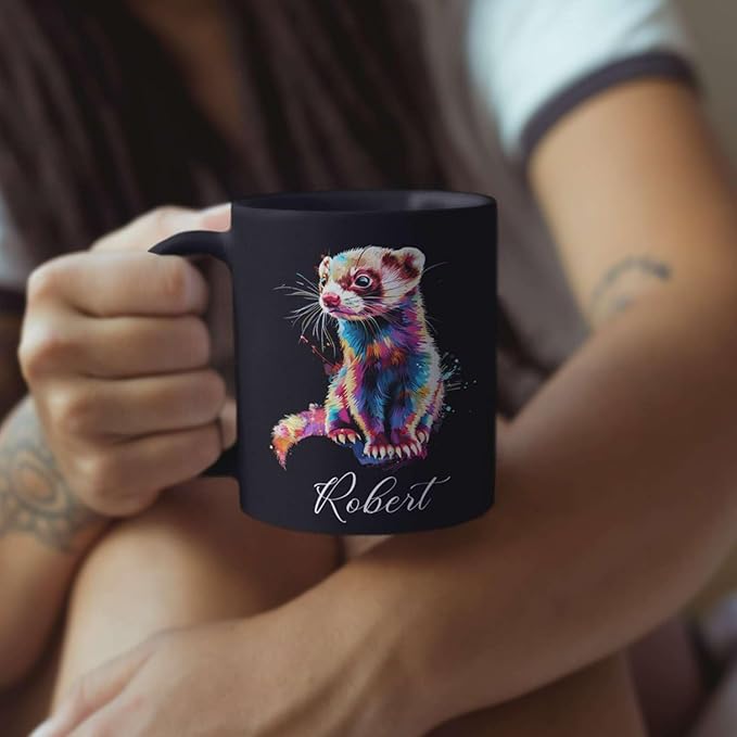 Custom Choose Name Ferret Coffee Mug, Colorful Animal Ceramic Cup, Gift For Ferret Lovers, Personalized 11oz & 15oz Mugs