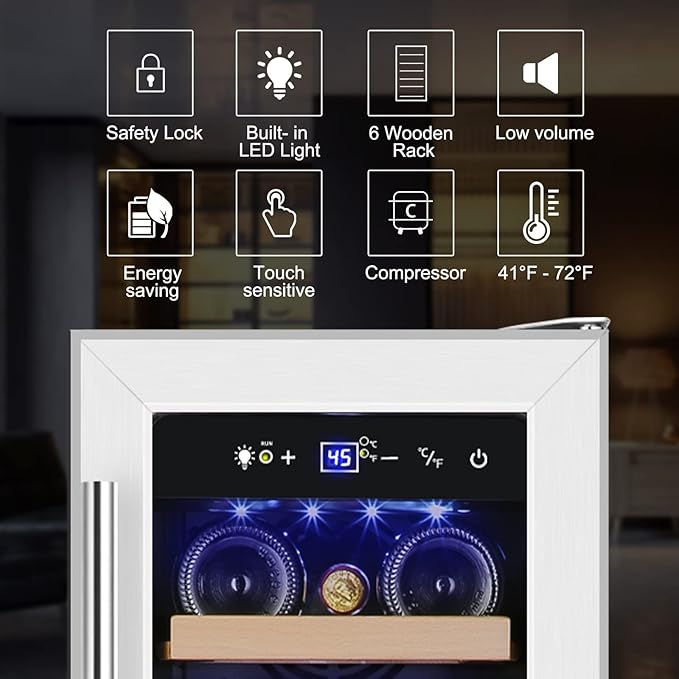 Tylza 12" Wine Cooler Refrigerator 18 Bottle Capacity, Compact Freezerless, Temperature Stability, Low Noise, Double-Layer Tempered Glass Door
