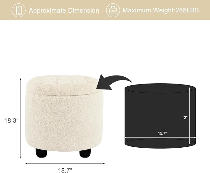 Furniliving Modern Round Storage Ottoman,Button Tufted Ottoman Foot Stools Ottoman Footstool with Removable Lid Storage Ottomans for Living Room, Bedroom, Makeup Room,Sherpa, IvoryWhite