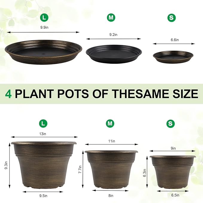 Plant Planters Pots Set of 4 Pack 13 Inch,Large Plastic Flower Pot for Indoor Plants with Drainage Holes & Trays, Resin Decorative Container Sets with Saucer for House Outdoor Garden Plant Dark Gold