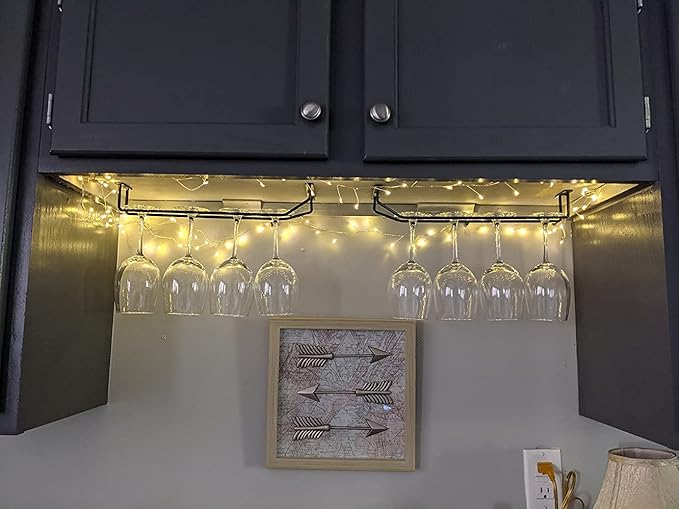 14-Inch Black Wine Glass Rack, Under Cabinet Wine Glass Holder Stainless Steel Stemware Rack - Hanging Stemware Holder for Cabinet Kitchen Bar, Set of 4