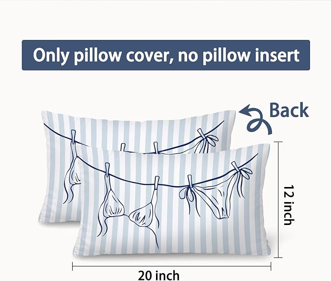 Coastal Beach Girly Room Decor 12x20 Pillow Cover, Preppy Beach Navy Blue Bikini Striped Decorative Lumbar Pillow Covers for Girls Bedroom College Dorm Sofa Couch