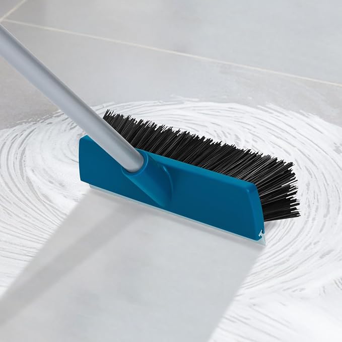 Stiff Bristle Deck Brushes for Scrubbing Heavy Duty with Rubber Scrape Squeegee, 55” Long Handle Scrub Brush for Bathroom Shower Carpet Outdoor Floor Cleaning (Head Size: 10.8”)