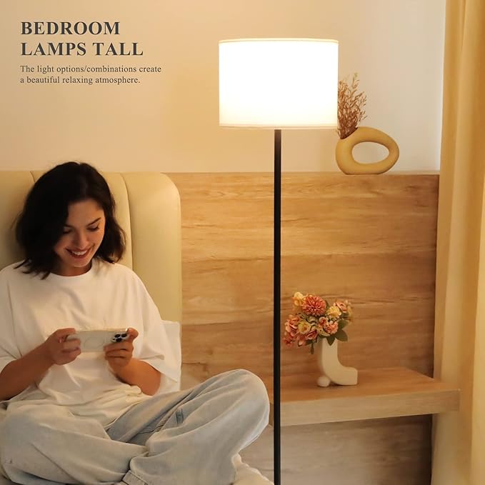 Modern Floor Lamp Simple Design with White Shade, Foot Pedal Switch, 60" Small Tall Lamps for Living Room Bedroom Office Dining Room Kitchen, Black Pole Lamp(Without Bulb)