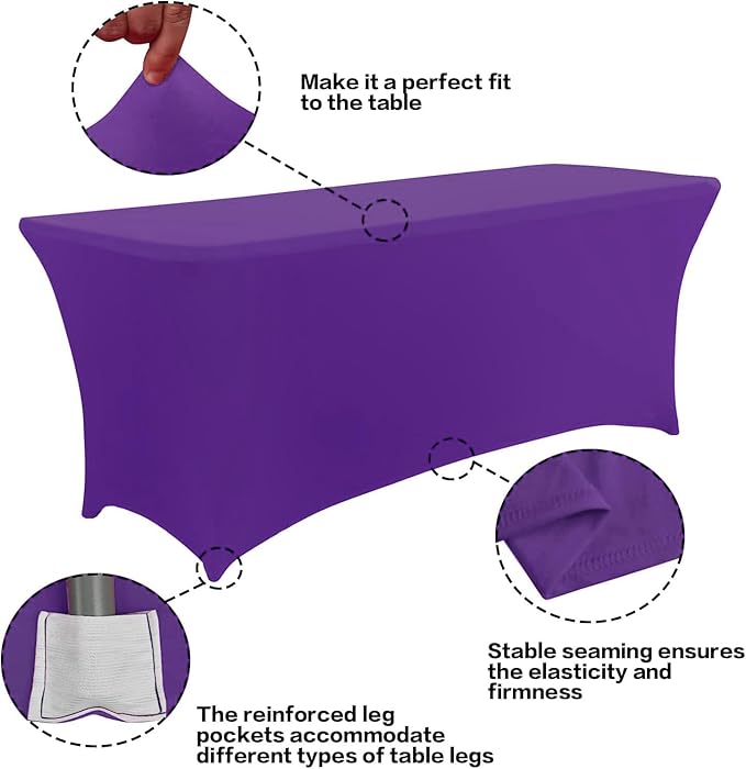 IVAPUPU 2 Pack 8FT Table Cloth for Rectangular Fitted Events Stretch Purple Table Covers Washable Cover Spandex Tablecloth Protector for Party, Wedding, Cocktail, Banquet, Festival