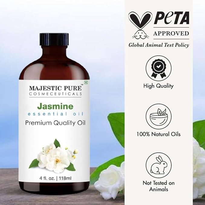 Majestic Pure Jasmine Essential Oil with Glass Dropper - Huge 4 Fl Oz - 100% Pure and Natural Jasmine Oil - Premium Grade Essential Oils for Diffuser, Aromatherapy, Soap and Candle Making