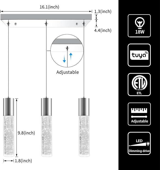 OKELI Smart 3-Light LED Pendant Lighting for Kitchen Island, 18W 1350LM Adjustable 3000K-6000K, Dimmable via TUYA App & Voice Control (Alexa/Google Home), Modern Crystal Bubble Pendant,Chrome Square