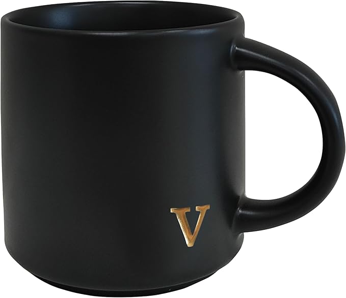 COLLECTIVE HOME - Black Monogram Ceramic Mugs, 15 oz Golden Initial Coffee Cups, Elegant Alphabet Tea Mugs, Personalized Halloween Mug with Gift Box, Perfect for Office and Home Décor (v)
