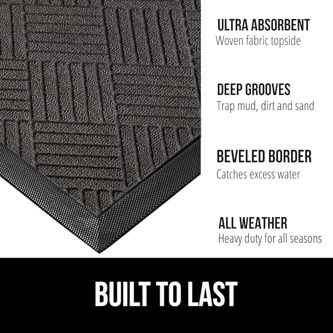 GORILLA GRIP 100% Waterproof All-Season WeatherMax Doormat, 60x24, US Designed Natural Rubber, Stain and Fade Resistant, Low Profile Indoor Outdoor Door Mats, Easy Clean Patio Mat, Gray Diamond