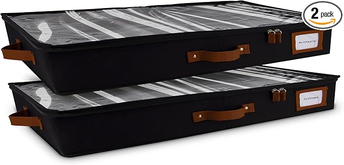 HOMELUX THEORY 2pc Low Profile Under Bed Storage Containers, Thin Under Couch Storage Organizer with Bins & Lids, Underbed Storage Box Ideal for Seasonal Clothes, Blankets, Fabric & Shoes (Black)