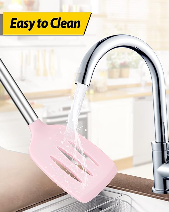 Pack of 2 Silicone Solid Turner, Non Stick Slotted Kitchen Spatulas, High Heat Resistant BPA Free Cooking Utensils, Ideal Cookware for Fish, Eggs, Pancakes(Pink)