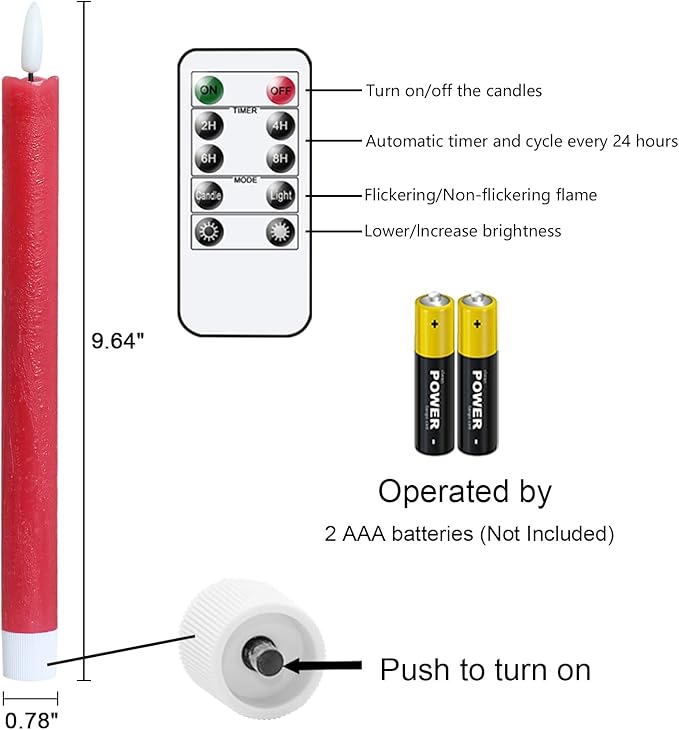 GenSwin Flameless Red Taper Candles Flickering with 10-Key Remote, Battery Operated Led Warm 3D Wick Light Window Candles Real Wax Pack of 6, Christmas Home Wedding Decor(0.78 X 9.64 Inch)