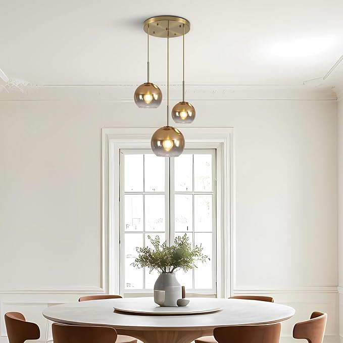 KCO Lighting Gold Cluster Pendant 3-Light Large Glass Pendant Lights Kitchen Island Bubble Globe Chandelier Mid Century Modern Hanging Light