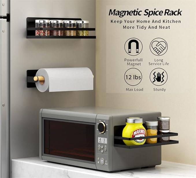Magnetic Spice Rack Holder Paper Towel Holder with Hook for Refrigerator Fridge Organizer for Kitchen, Space Saver Container for Kitchen/Apartment, Drill Free, Black,3 Packs