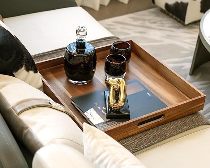 Extra Large Square Wood Tray, Generously 22" Acacia Serving Trays for Large Ottoman Coffee Table, Giant Square Shape Sofa Tray with Handles, Kitchen Organizer Storage Trays Huge Counter Serveware