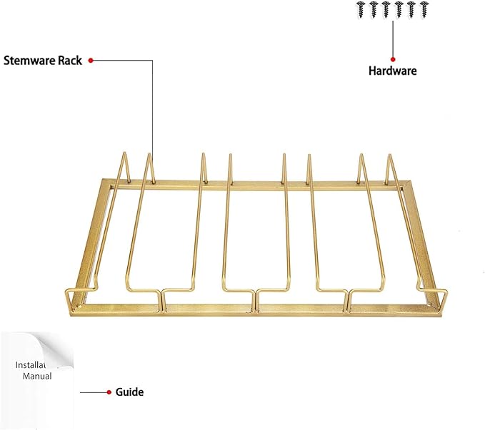 Wine Glass Rack - Under Cabinet Stemware Wine Glass Holder Glasses Storage Hanger 2 Pack Metal Organizer for Bar Kitchen 4 Rows Gold