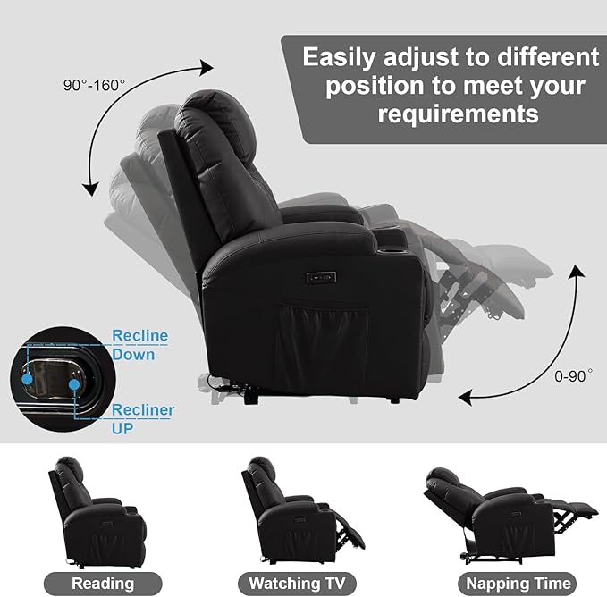 Power Recliner Chair with Heat and Massage, PU Leather Home Theater Seating with LED Lights/Cup Holders/Side Pocket/USB Port, Reclining Sofa Chair for Living Room (3, Black)