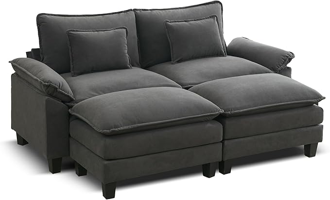 URRED Modular Sectional Sofa Comfy Cloud Couch, Modern Velvet Sofa Sleeper Deep Seat Couches with Ottoman/Pillows for Living Room (Dark Gray, 82.6''- 2 Ottomans)
