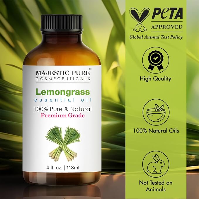 Majestic Pure Lemongrass Essential Oil with Glass Dropper - Huge 4 Fl Oz - 100% Pure and Natural Lemongrass Oil - Premium Grade Essential Oils for Diffuser, Aromatherapy, Soap and Candle Making