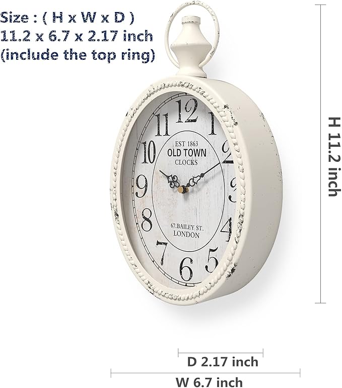 Menterry Small Retro Oval Wall Clock, Antique Old Design, White Vintage Style, Battery Operated Silent Decor Wall Clocks for Kitchen,Bedroom,Farmhouse,Bathroom (11.2" H x 6.7" W)