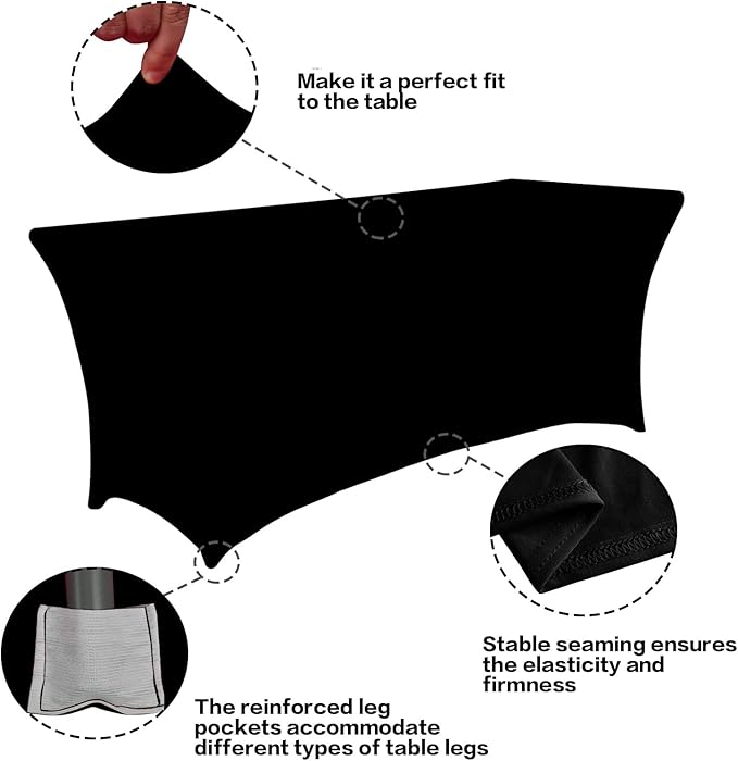 IVAPUPU 8FT Spring Table Cloth for Rectangular Fitted Events Stretch Black Table Covers Washable Cover Spandex Tablecloth Protector for Party, Wedding, Cocktail, Banquet, Festival