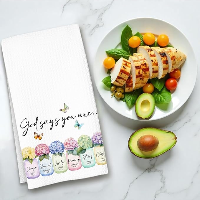 Christian Kitchen Towel, Waffle Weave Microfiber Scripture Hand Towel, God Says You are Bible Verse Farmhouse Decor for Kitchen Bathroom, Inspirational Gift for Women