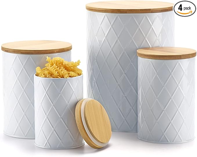 White Kitchen Canisters Set with Bamboo Lids, Airtight Sugar, Flour, Coffee, Cookie Storage Canister Sets for kitchen Countertop, Farmhouse kitchen decor, 4 Pack