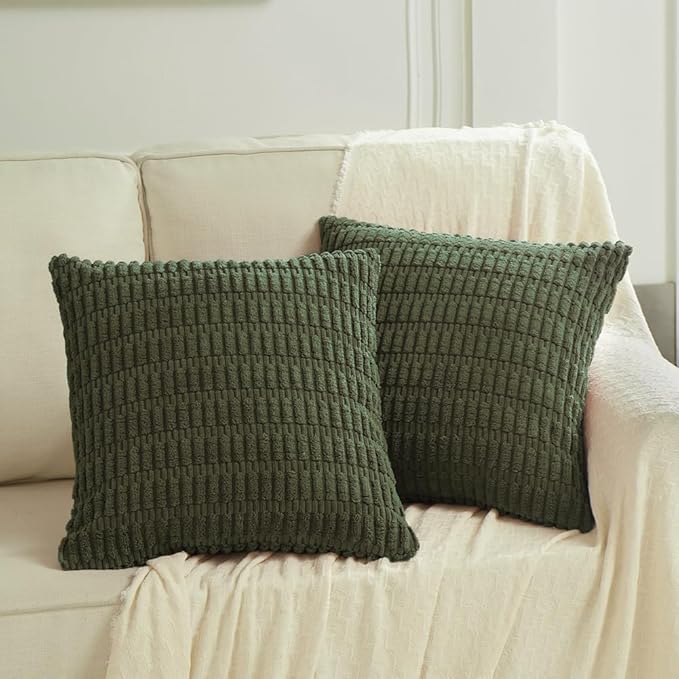 Fancy Homi 4 Packs Boho Olive Green Decorative Throw Pillow Covers 14x14 Inch for Couch Bed Sofa, Rustic Modern Farmhouse Home Decor, Soft Plush Corduroy Cute Square Cushion Case 35x35 cm