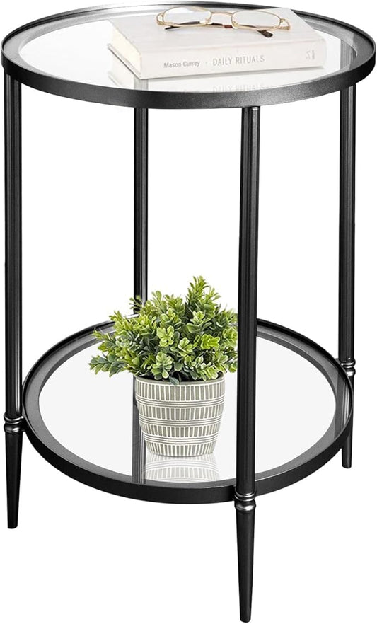 2 Tier Round Side Table, Black End Table with Glass Top, Modern Metal Clear Coffee Table,Small Accent Table for Living Room, Bedroom, 18" x 18" x 24"