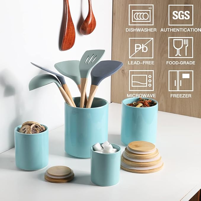 Sweejar Kitchen Canisters Ceramic Food Storage Jar Set, Stackable Containers with Airtight Seal Bamboo Lid for Serving Ground Coffee, Tea,Grains, Herbs,Sugar, Salt and More - Pack of 4(Turquoise)