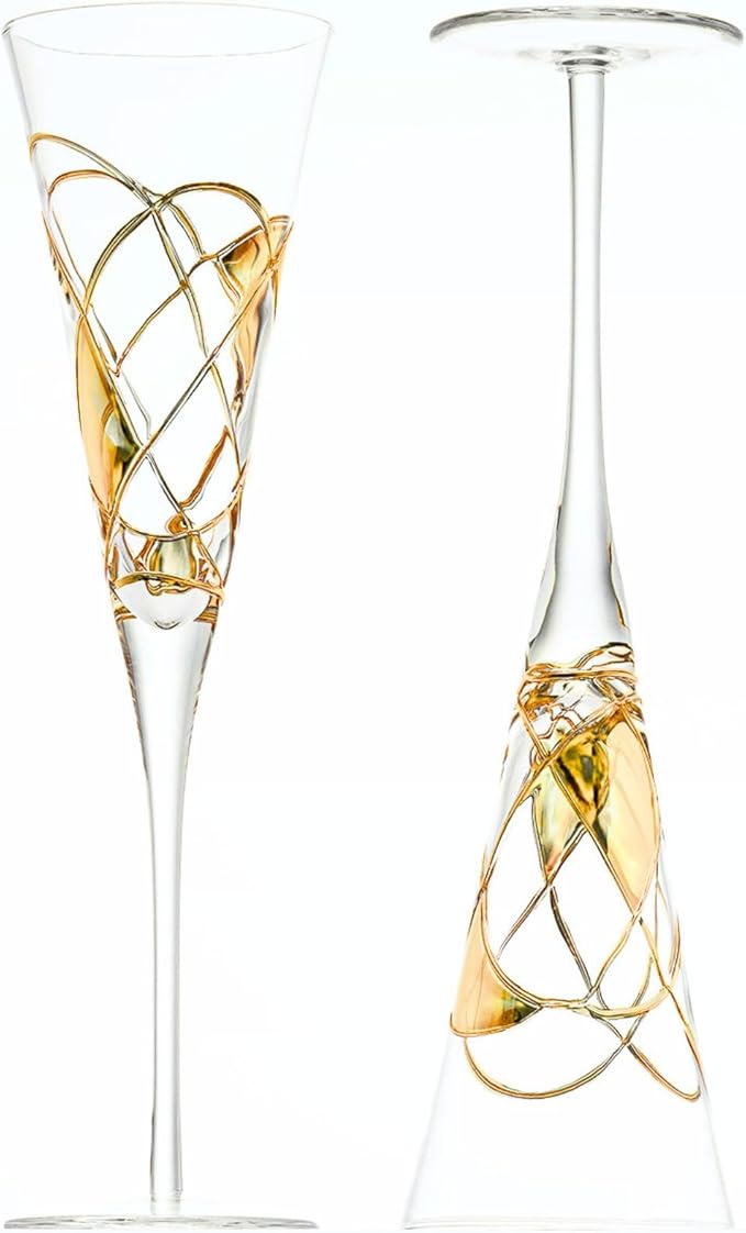 Victoria Barcelona Champagne Flute Set of 2 – 7.5 oz Mouth‑Blown Golden Luster Glass | Hand‑Painted with Real Gold Dust, Gaudí & Murano Inspired | Artistic Premium Gift Ideas for Her or Him