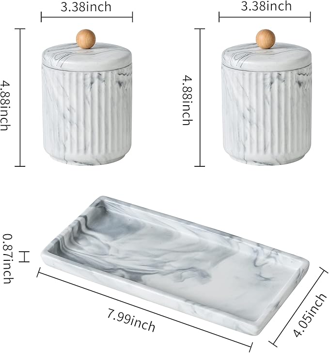 Marble Small Bathroom Jar Set ,Ceramic Cotton Swabs Holder with Lid and Dresser Organizer Set Tray for Storage and Organizing in Bathroom, Dresser, Kitchen, Office