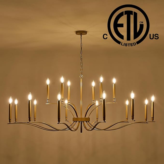 18 Light Gold Living Room Chandelier High Ceiling Foyer Candle Chandelier Large Modern Brass 59in Metal Chandeliers Hanging Light for Master Bedroom Dining Room Light Fixture Over Table