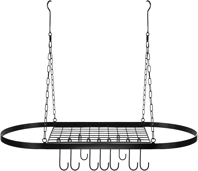 Sorbus® Pot and Pan Rack for Ceiling with Hooks — Decorative Oval Mounted Storage Rack — Multi-Purpose Organizer for Home, Restaurant, Kitchen Cookware, Utensils, Books, Household (Hanging Black)