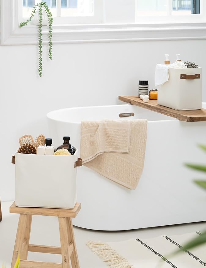 StorageWorks Narrow Storage Bins, Small Basket for Closet and Shelves, Rectangular Fabric Organizer with Handles, Toilet Paper Storage, Beige, 2-Pack