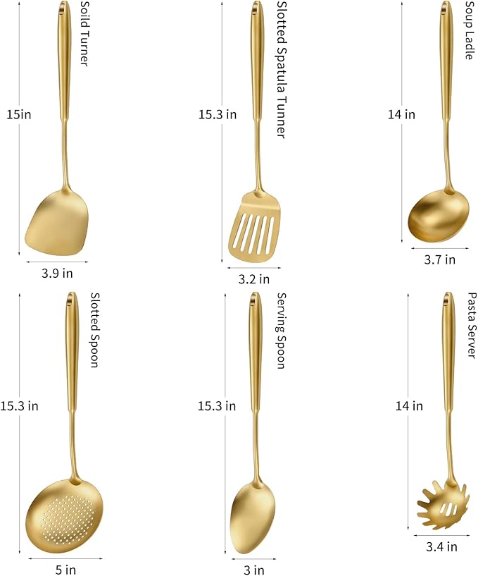 304 Stainless Steel Cooking Utensils,6 Pcs Kitchen Cooking Utensils Set with Spatula, Solid Spoon, Ladle, Skimmer, Spaghetti Spoon,Dishwasher Safe(Gold)