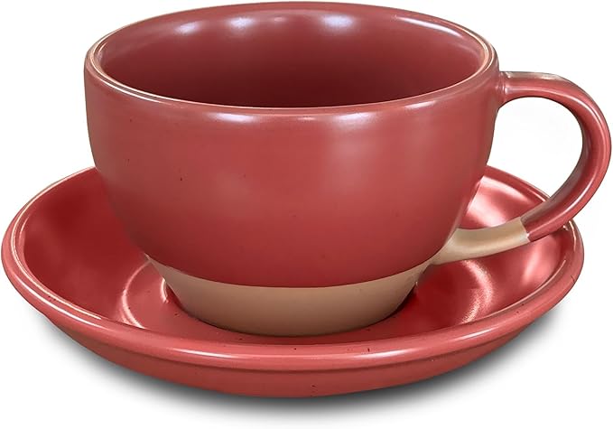 Mora Ceramic Latte Art Mug With Saucer - 10.5 oz, Round Bottom For Perfect Pours - Cafe Cups for Cappuccino, Espresso, Coffee, Tea etc - Porcelain Set for Baristas, Great Gift - Crimson Red