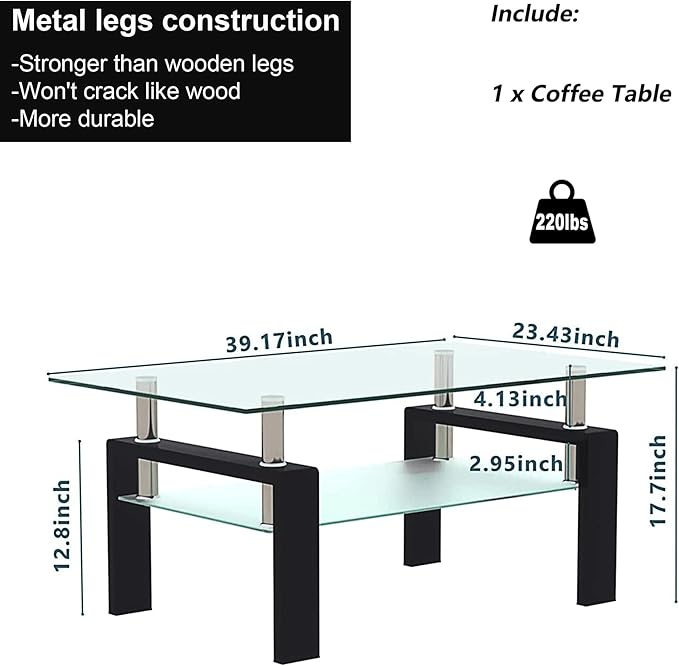 Glass Coffee Table for Living Room, 2 Layer Center Table with Clear Rectangle Tempered Glass Top Black Metal Leg, Mordern Home Office Furniture