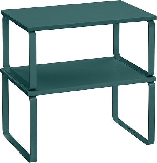 SONGMICS Cabinet Organizer Shelf, Set of 2 Kitchen Counter Shelves, Kitchen Storage, Spice Rack, Stackable, Expandable, Metal and Engineered Wood, Marrs Green UKCS002C02