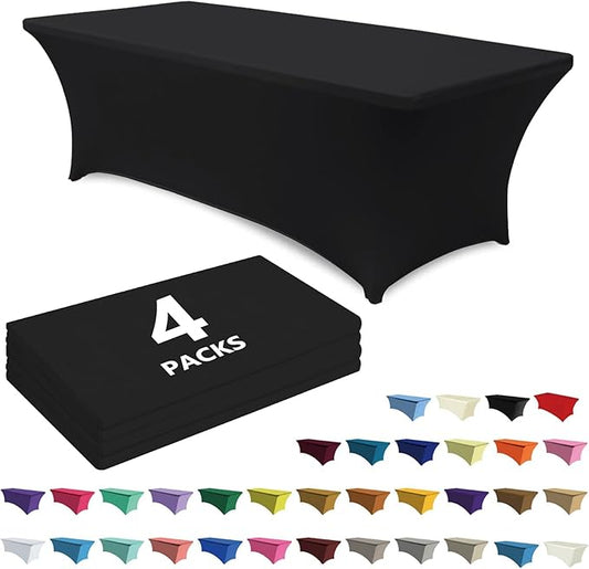 ABCCANOPY 4 Pack 6 FT Black Spandex Table Cover Stretch Fitted Wrinkle Resistant Tablecloth Reuse for Rectangular Folding Table Patry Event Wedding Banquet Protector
