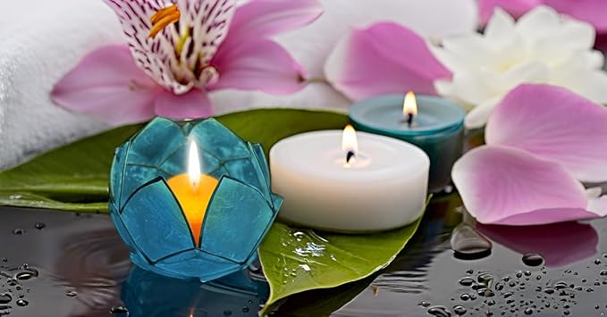 Blooming Lotus Capiz Shell Tealight Candle Holder, Handcrafted Decorative Tea Light Candleholder with Translucent Flower Petals for Ambient Illumination and Natural Elegance, Aquamarine