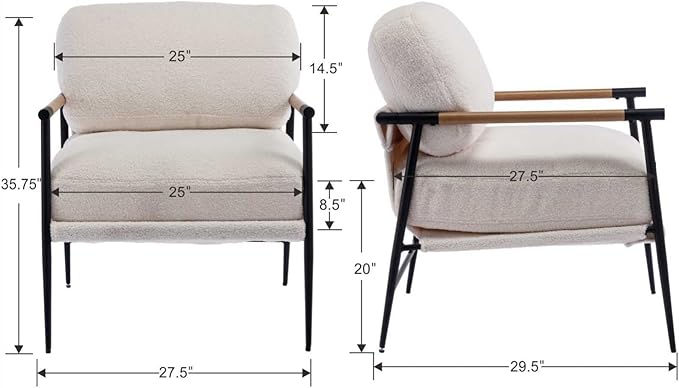 Mid-Century Accent Chair, Soft Armchair Sherpa Fabric Lounge Chair with Black Metal Legs, Upholstered Leisure Chair for Living Room Bedroom Reception Room, 1PC, White