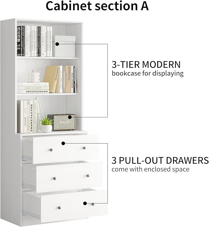 TUSY 71" Bookshelf Bookcase, 3-Tier Modern Bookshelves 3 Large Drawer, Wood Filing Cabinet with Open Storage Shelf, Glass Doors 5-Tier Fixed Storage Shelves for Home Office