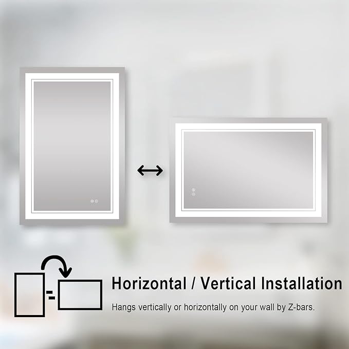 WELLFOR LED Bathroom Vanity Mirror 24 x 36 Inch, Lighted Anti-Fog Dimmable Mirror, IP44 Waterproof Wall Mounted Makeup Mirror, Packed with US Standard Plug and Touch Switch, (Horizontal/Vertical)