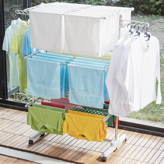 Foldable Laundry Drying Rack with Wheels - 48 Drying Rods, Heavy Duty, Movable, Perfect for Clothes, Duvet, Socks, Bed Linen, Sheets, 6 Wings